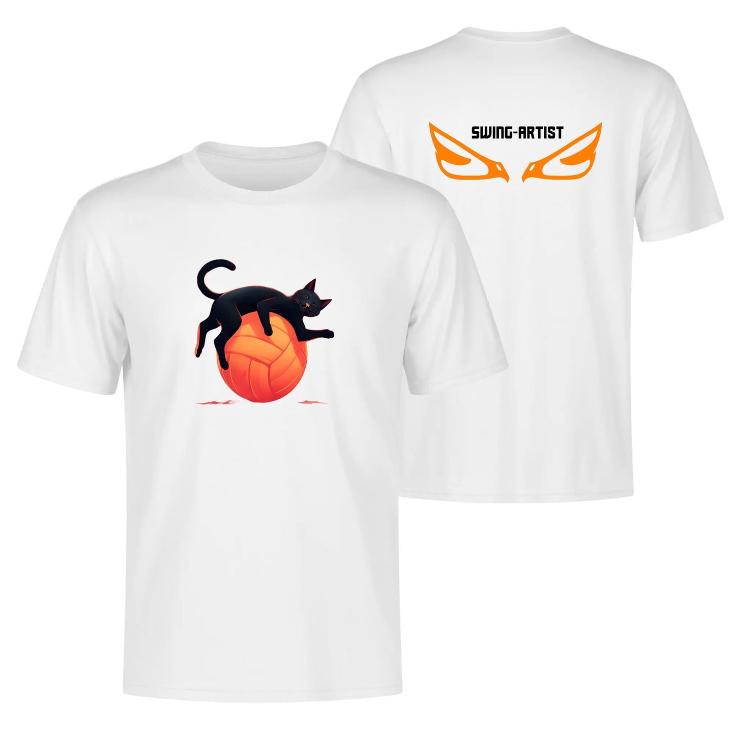 Swing-artist, Black Cat Lounging on Orange Volleyball Under Starry Sky Tee
