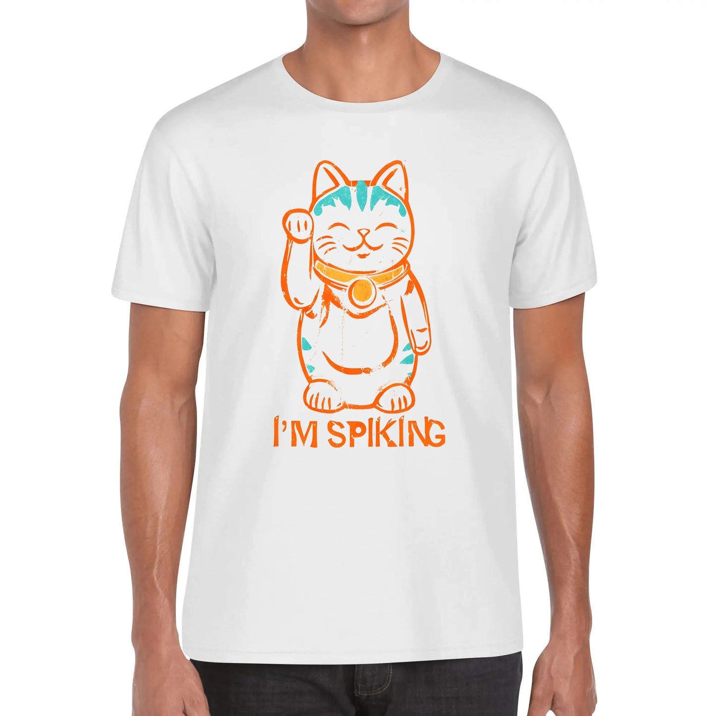 Swing-artist, Whimsical Cartoon Maneki-neko With Orange Lines And Turquoise Markings tee