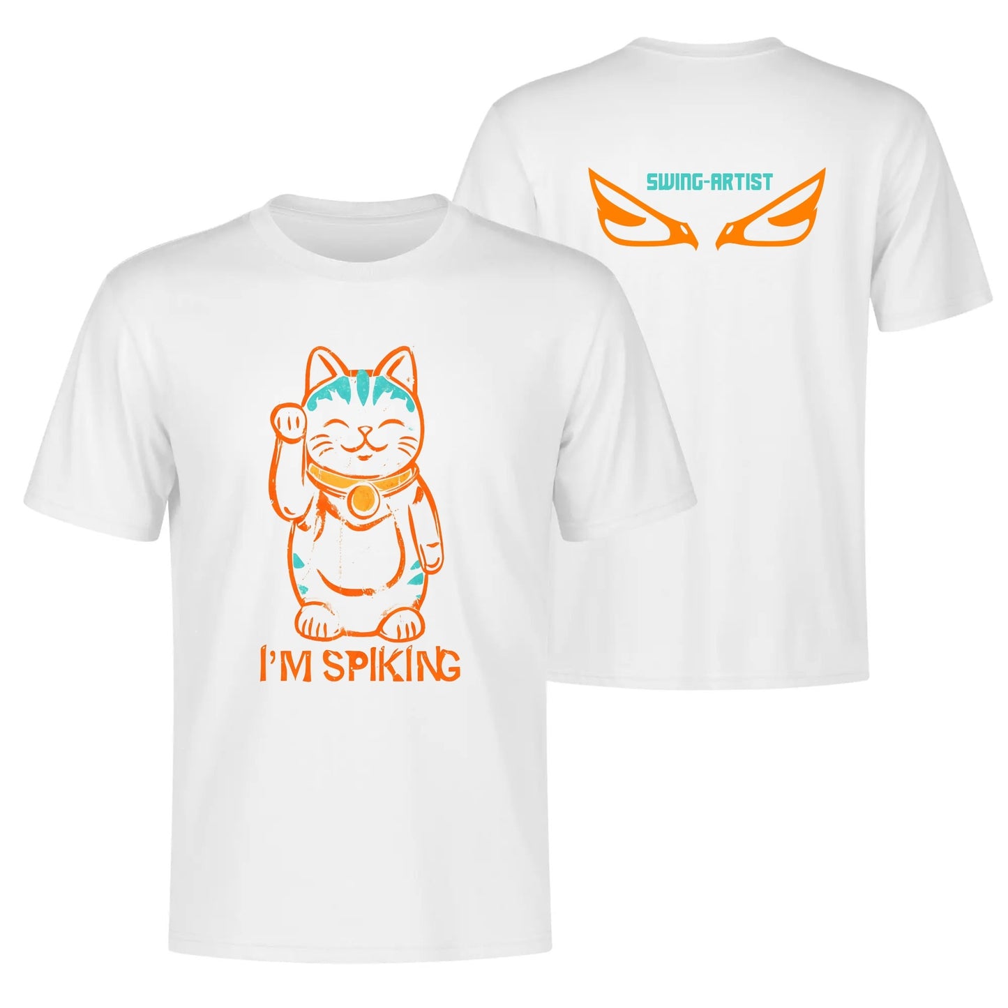 Swing-artist, Whimsical Cartoon Maneki-neko With Orange Lines And Turquoise Markings tee